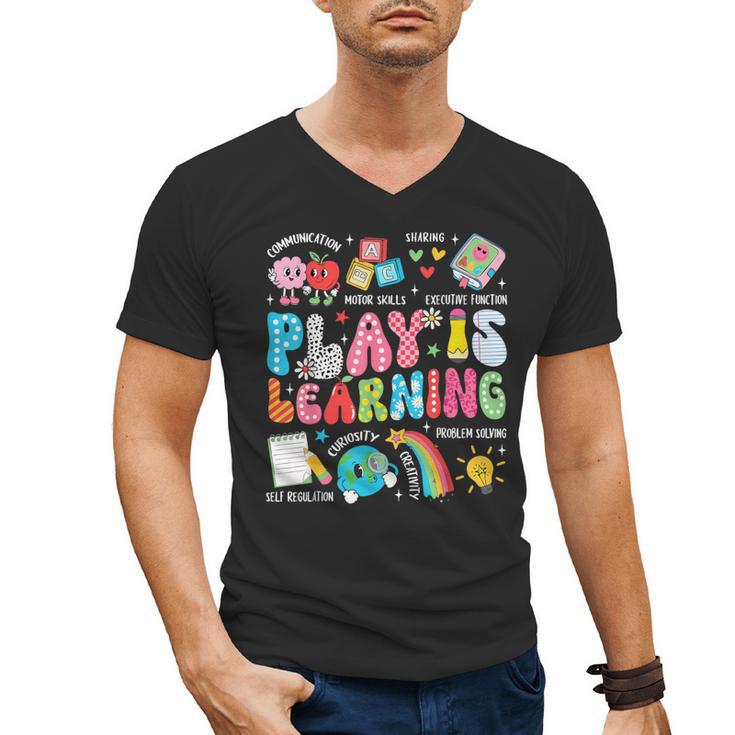 Retro Play Is Learning Kindergarten Teacher Team Women Men's V-Neck T-Shirt, trending gift Retro Play Is Learning Kindergarten Teacher Team Women Men's V-Neck T-Shirt, trending gift