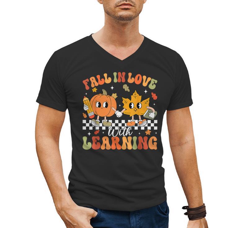 Retro Pumpkin Fall In Love With Learning Autumn Teacher Men's V-Neck T-Shirt