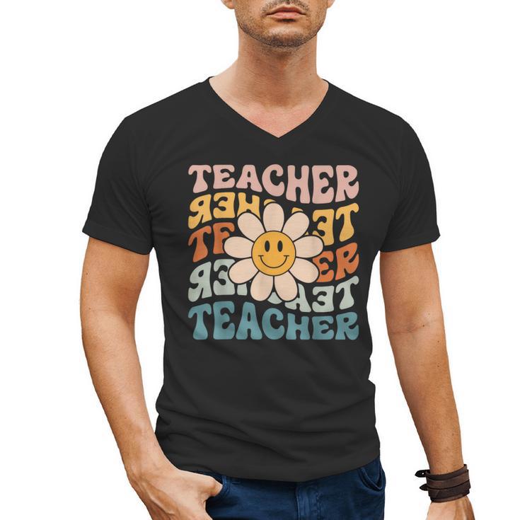 Retro Teacher Daisy Colorful Elementary School Teacher Men's V-Neck T-Shirt