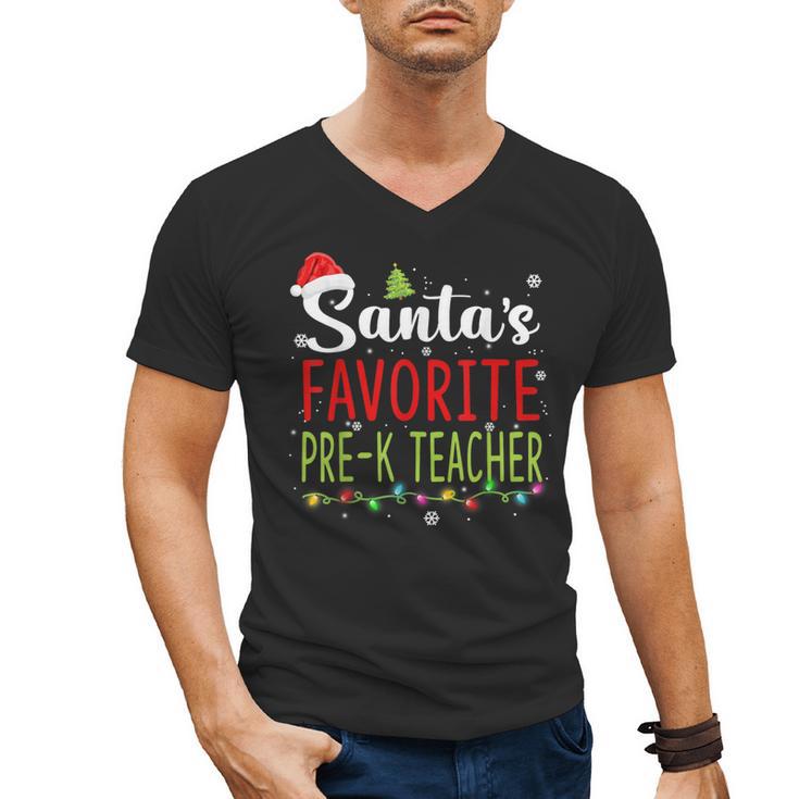Santa's Favorite Pre-K Teacher Christmas Santa Hat Lights For Men Women Kids Men's V-Neck T-Shirt