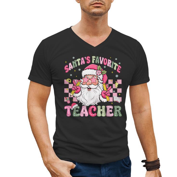 Santa's Favorite Teacher Groovy Christmas Teacher Boys Girls Men's V-Neck T-Shirt