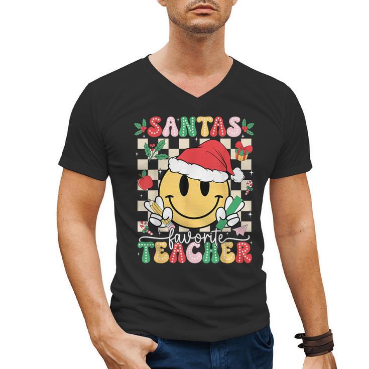 Santas Favorite Teacher Retro Groovy Smile Face Christmas Men's V-Neck T-Shirt