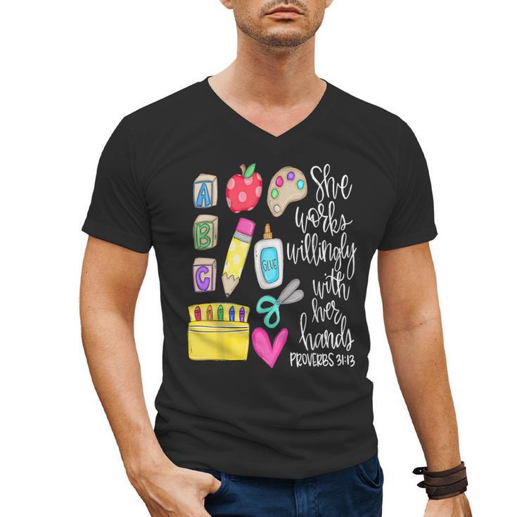 She Works Willingly With Her Hands Proverbs Daycare Teacher Men Women Men's V-Neck T-Shirt, trending gift She Works Willingly With Her Hands Proverbs Daycare Teacher Men Women Men's V-Neck T-Shirt, trending gift