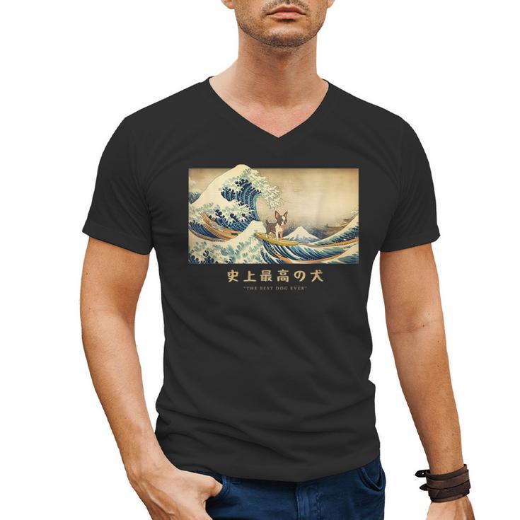 Surfing Boston Terrier Kanagawa Wave Japanese Dog  For Men Women Kids Men's V-Neck T-Shirt