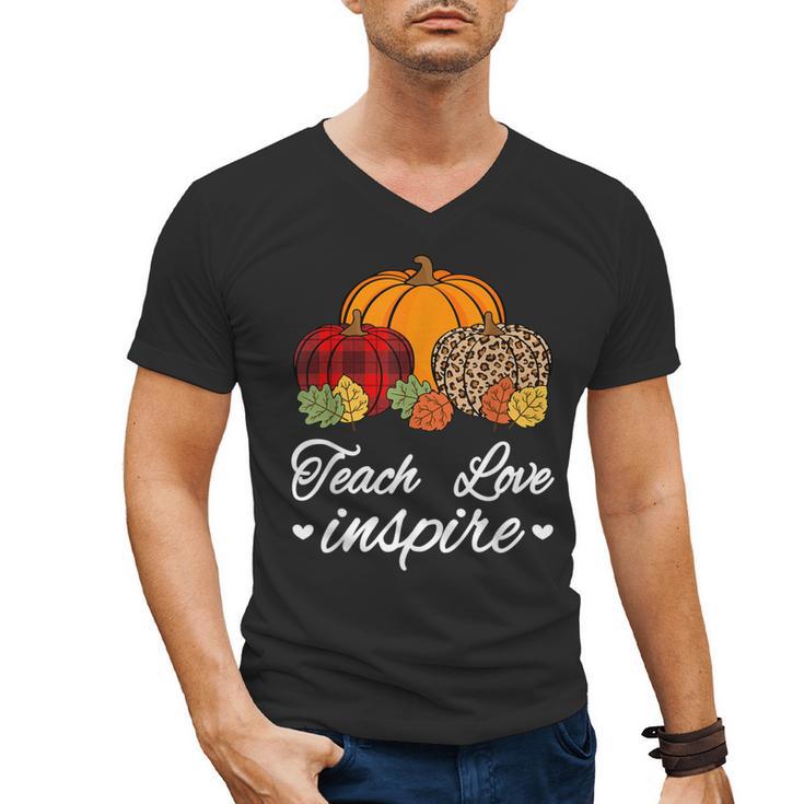 Teach Love Inspire Autumn Fall Plaid Leopard Pumpkin Teacher For Men Women Kids Men's V-Neck T-Shirt