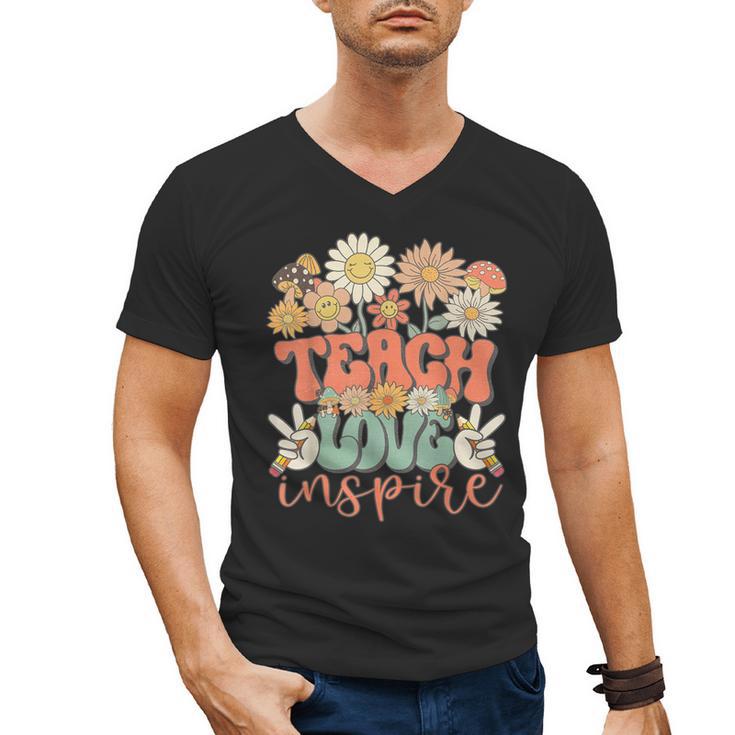 Teach Love Inspire Retro Groovy Daisy Back To School Teacher For Men Women Kids Men's V-Neck T-Shirt
