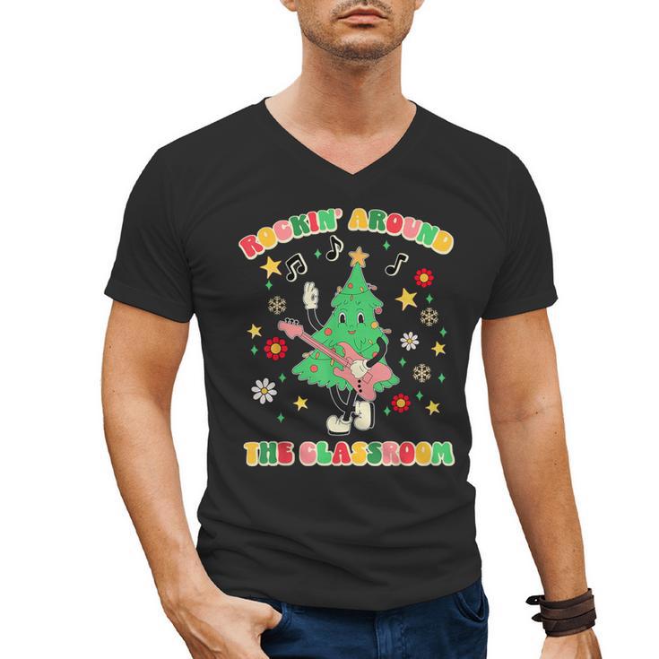 Teacher Christmas Shirts Pajama Matching Rockin' Around The Classroom -Adult Short Sleeve Small Modern Festive Christmas Teacher Xmas Vibes T-Shirt Men's V-Neck T-Shirt
