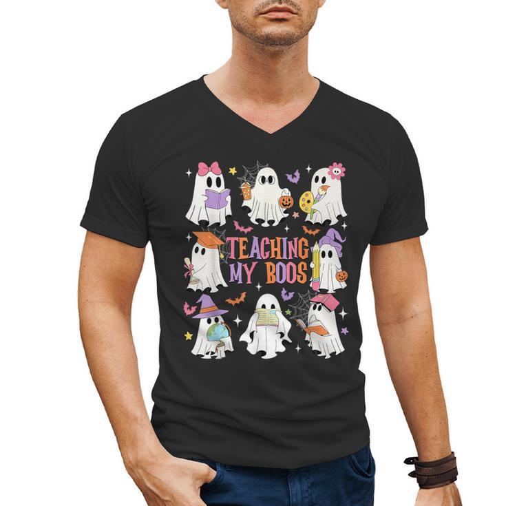 Teaching My Boos Teacher Cute Ghost Groovy Teacher Halloween Men's V-Neck T-Shirt