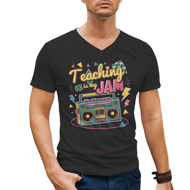 Teaching Is My Jam Groovy Retro Teacher Back To School Men's V-Neck T-Shirt