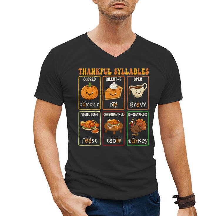 Thankful Syllables Thanksgiving Phonics Reading Teacher Fall Men's V-Neck T-Shirt
