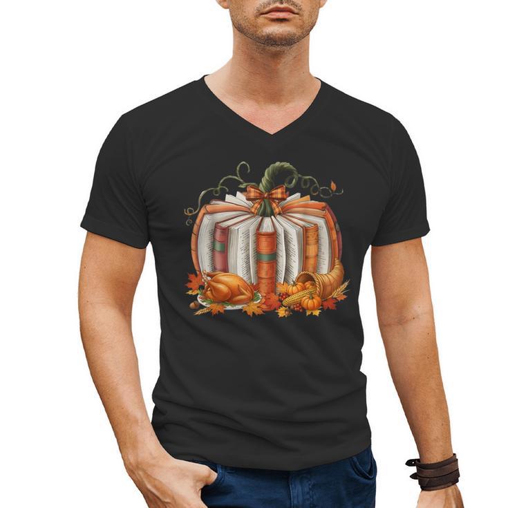 Thanksgiving Book Pumpkin Reading Teachers Fall Lovers Boys Men's V-Neck T-Shirt