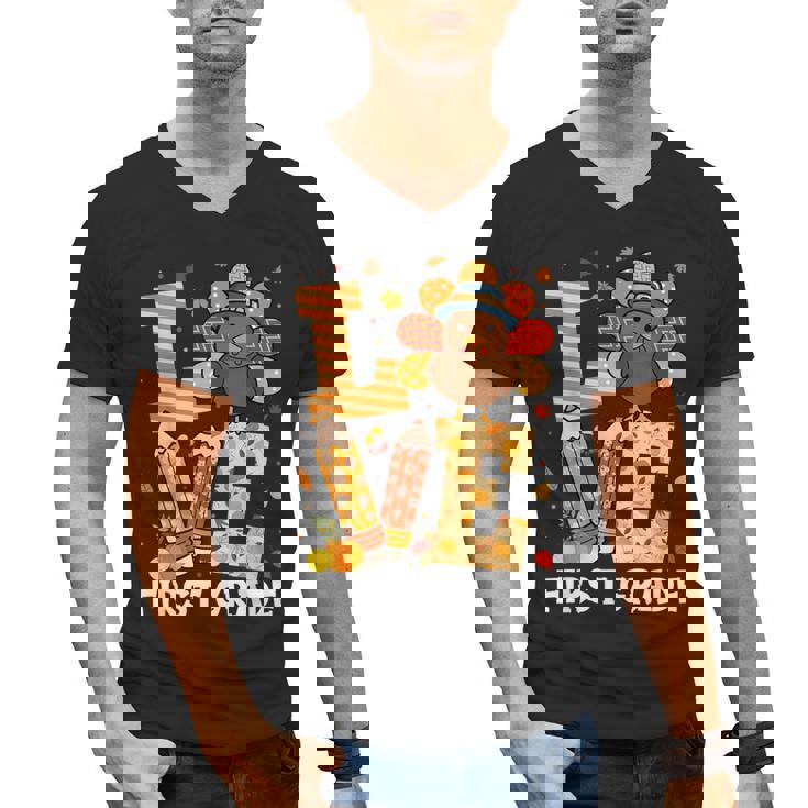 Thanksgiving Love First Grade Teacher Turkey Autumn Fall For Men Women Girls Kids Men&#x27;s V-Neck T-Shirt