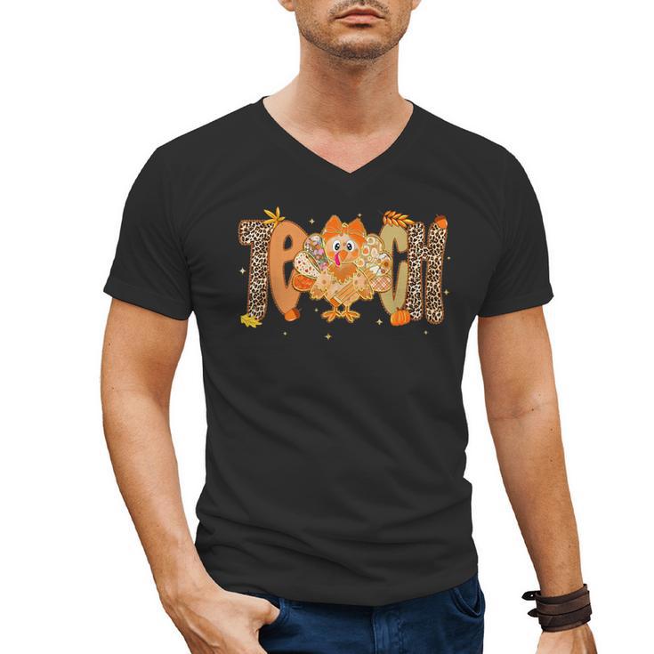 Thanksgiving Turkey Teach Thankful Teacher Girly Bow Women Men's V-Neck T-Shirt