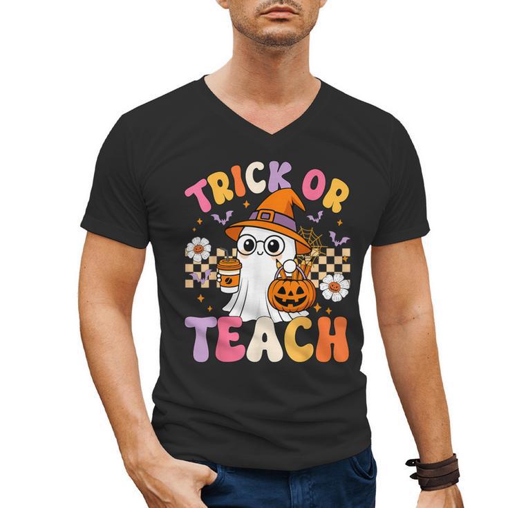 Trick Or Teach Cute Ghost Coffee Pumpkins Halloween Teacher Men's V-Neck T-Shirt