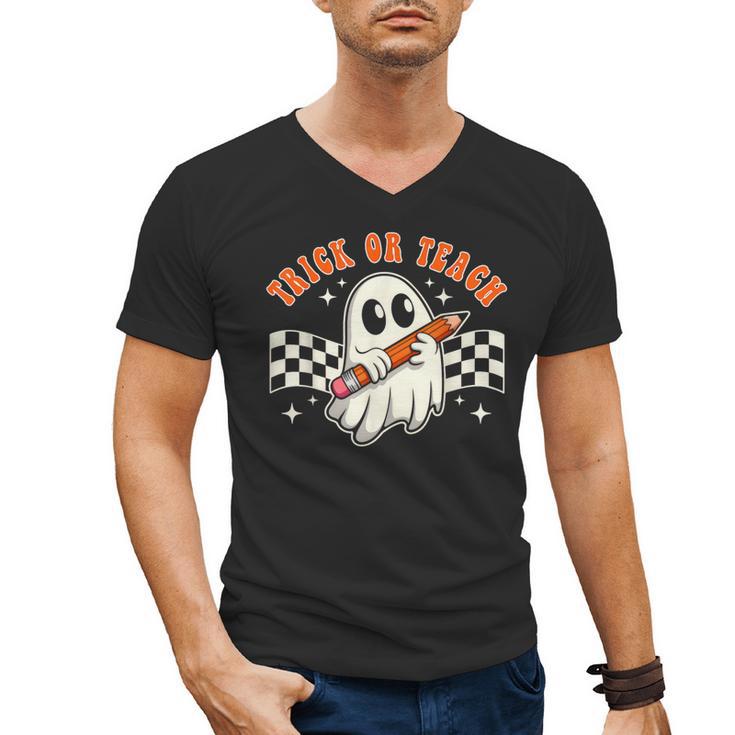 Trick Or Teach Groovy Retro Ghost Halloween Teacher Kids Men's V-Neck T-Shirt