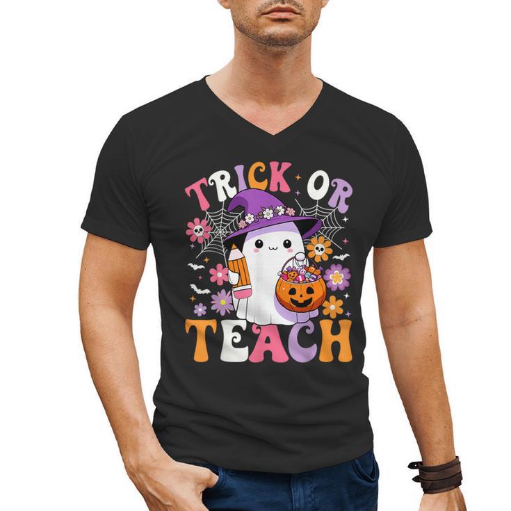 Trick Or Teach Groovy Teacher Ghost Halloween Teacher Men's V-Neck T-Shirt
