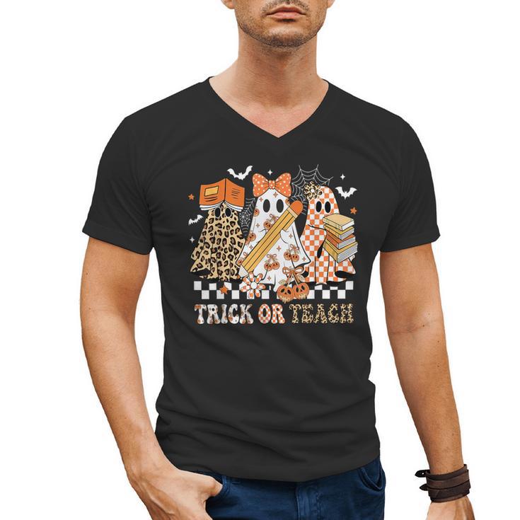 Trick Or Teach Groovy Teacher Halloween Floral Ghost Men's V-Neck T-Shirt