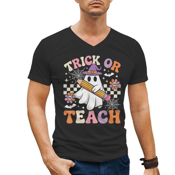 Trick Or Teach Groovy Teacher Halloween Retro Ghost Men's V-Neck T-Shirt