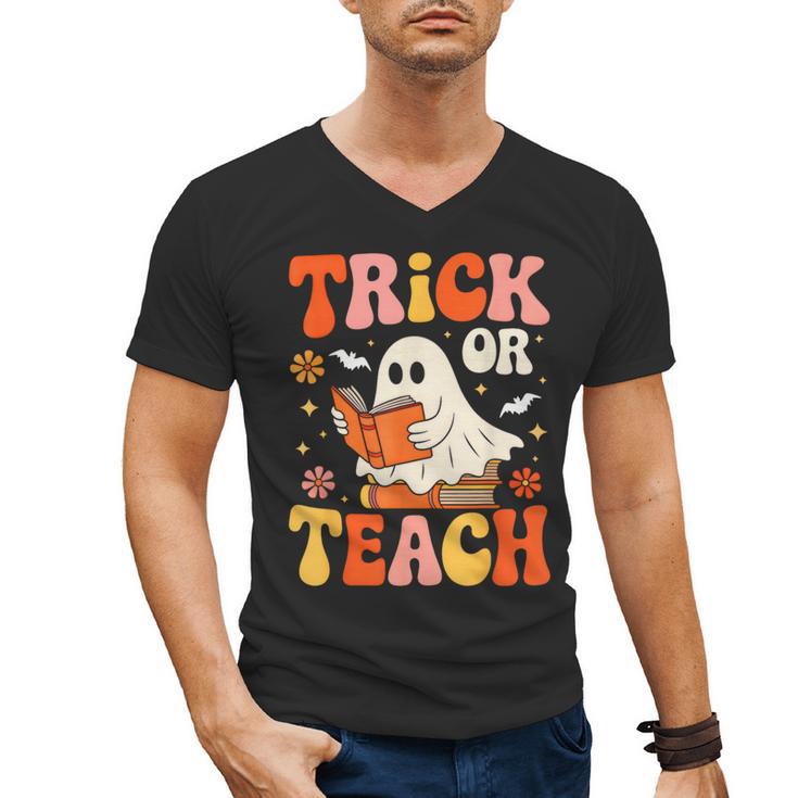 Trick Or Teach Halloween Shirt For Teacher Kids Floral Ghost Men's V-Neck T-Shirt