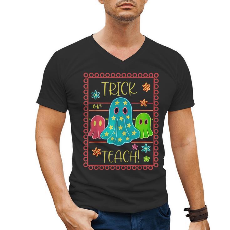 Trick Or Teach Neon Ghost Flower Teacher Spooky Halloween Men's V-Neck T-Shirt
