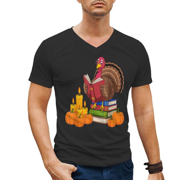 Turkey Reading Books Fall Thanksgiving Teacher Book Men's V-Neck T-Shirt