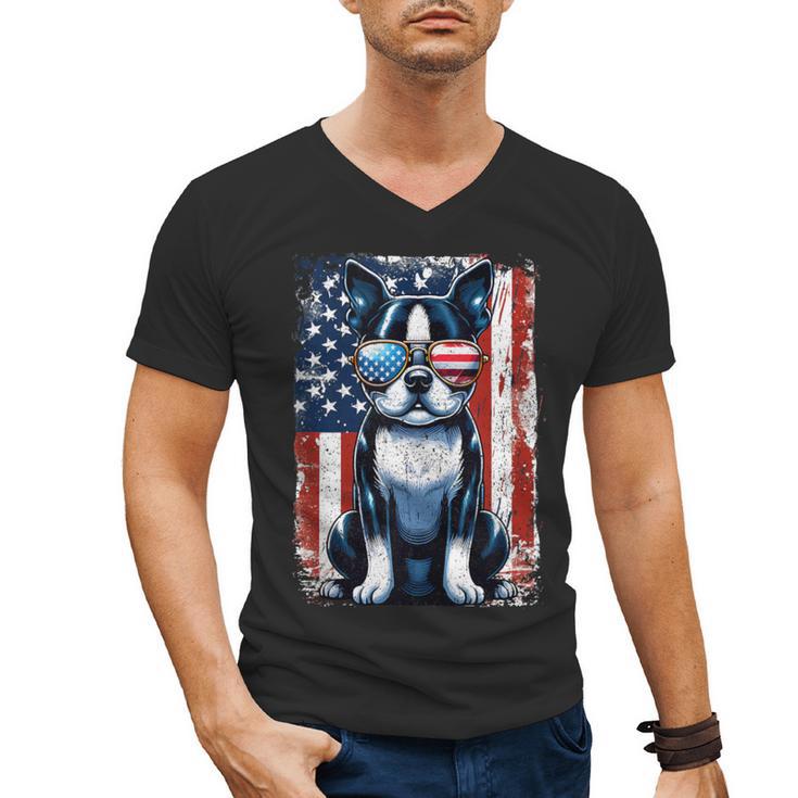 Vintage Boston Terrier Dog American USA US Flag Pets Lovers Men's V-Neck T-Shirt