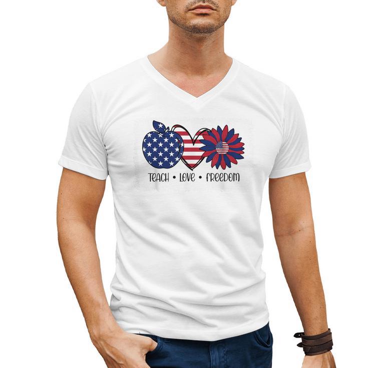 American Flag Teach Love Freedom Preschool Teacher 4th July Men's V-Neck T-Shirt