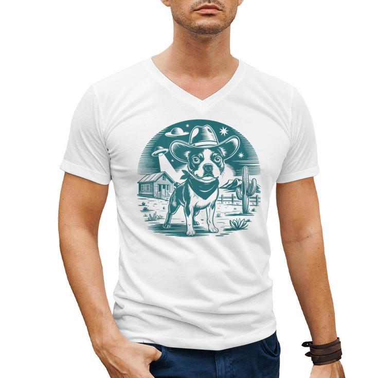 Boston Terrier Cowboy UFO Shirt Vintage Western Dog Mom Tee Men's V-Neck T-Shirt