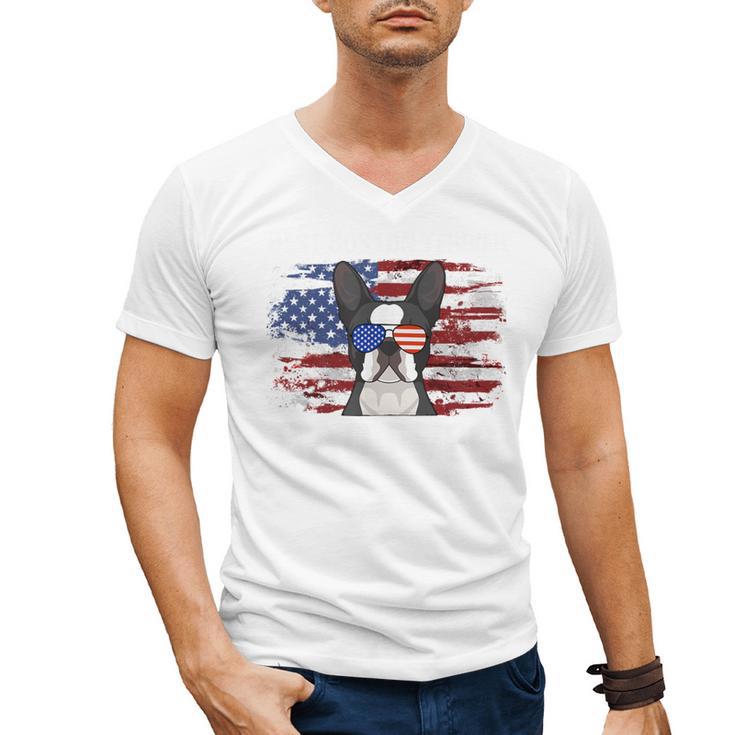 Boston Terrier Dad American Flag 4th Of July Dog Fathers Day Men's V-Neck T-Shirt