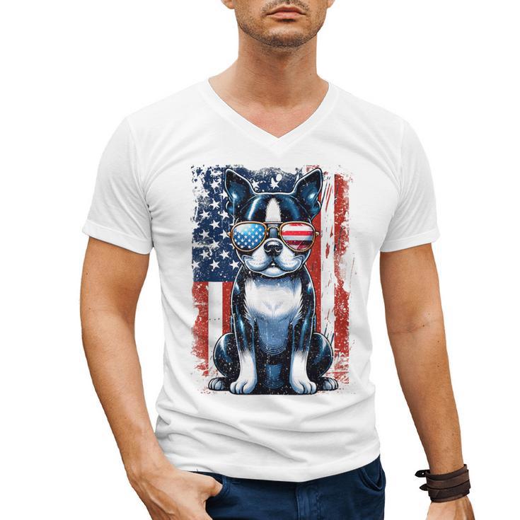Boston Terrier Dog American USA US Flag Pets Vintage Outfit Men's V-Neck T-Shirt