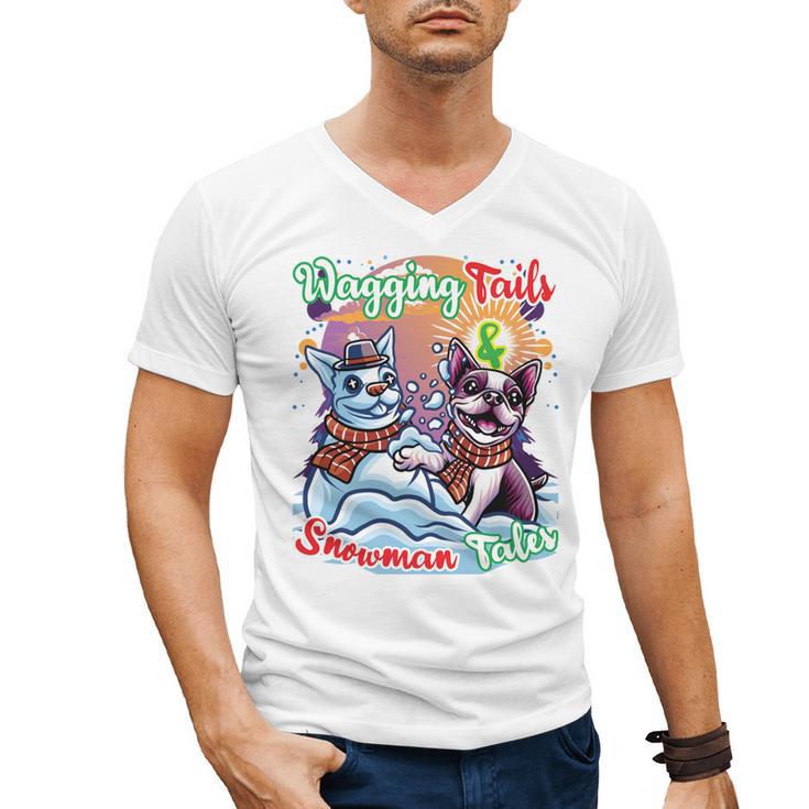 Boston Terrier Dog Christmas Snowman Winter Snow Men's V-Neck T-Shirt
