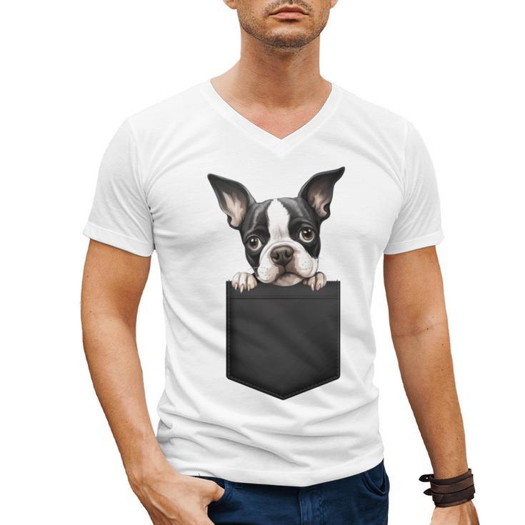 Boston Terrier Dog Puppy Dog In Pocket Cute Pet Lover Men's V-Neck T-Shirt