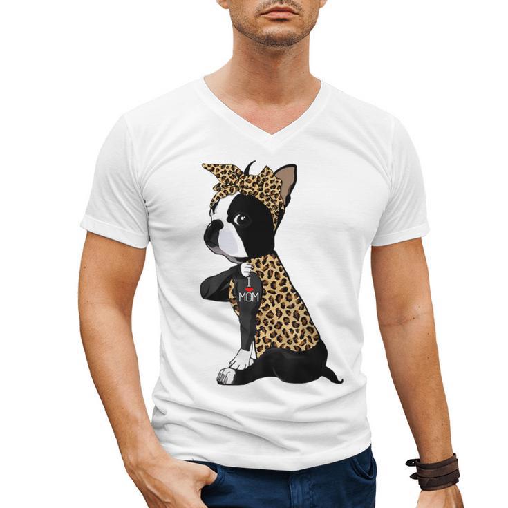 Boston Terrier Lover I Love Mom Tattoo Leopard Men's V-Neck T-Shirt, Couple Gifts, Mom Gifts, Boston Terrier Mom Gifts, trending gift