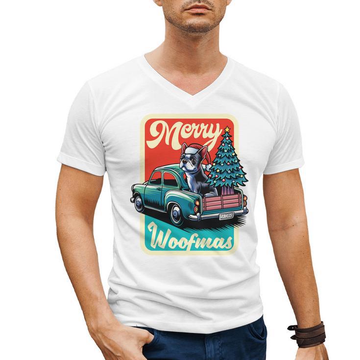 Boston Terrier Merry Christmas Tree Truck Santa Dog X-Mas Men's V-Neck T-Shirt