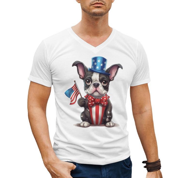 Boston Terrier Puppy Dog Holds His American Flag 4th Of July Men's V-Neck T-Shirt