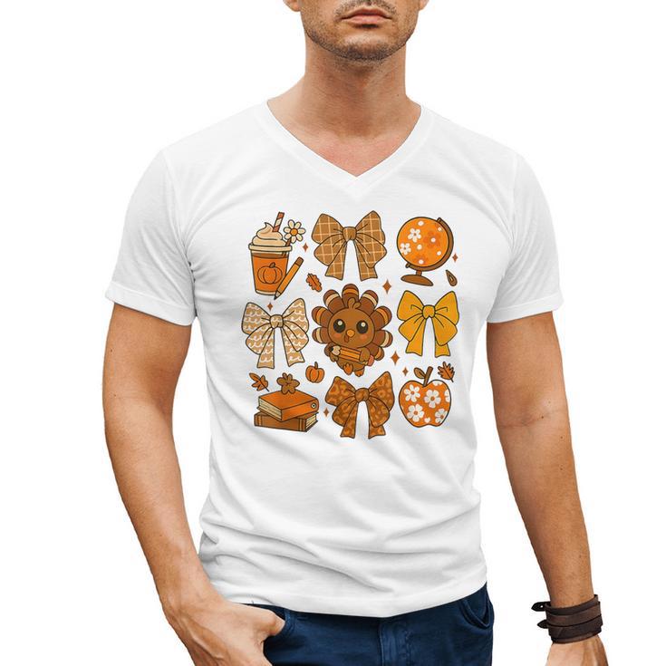Coquette Teach Teacher Bows Thanksgiving Turkey Fall Autumn Men's V-Neck T-Shirt