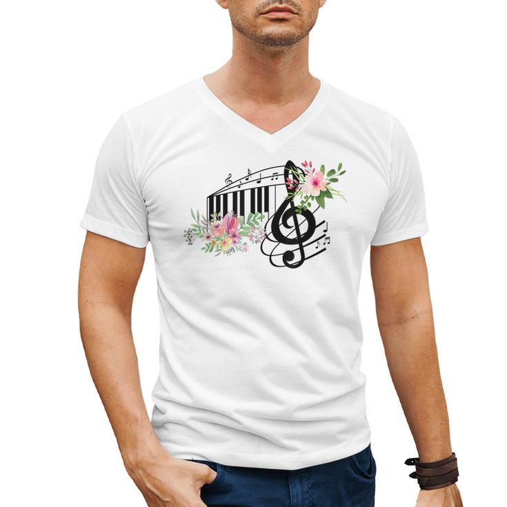 Cut Music Teacher Shirt With a Piano Keys Notes And Flowers Men's V-Neck T-Shirt
