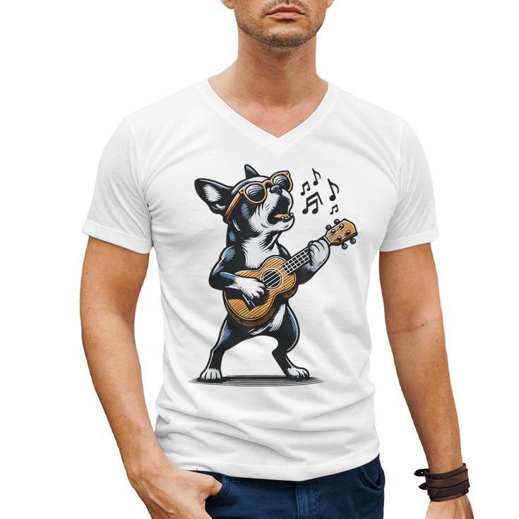 Dog Playing Guitar Singing Boston Terrier  For Men Women Girls Kids Men's V-Neck T-Shirt