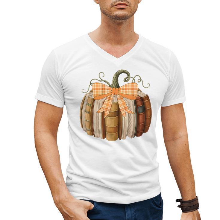 Fall Book Pumpkin Halloween Teacher Librarian Thanksgiving Men's V-Neck T-Shirt