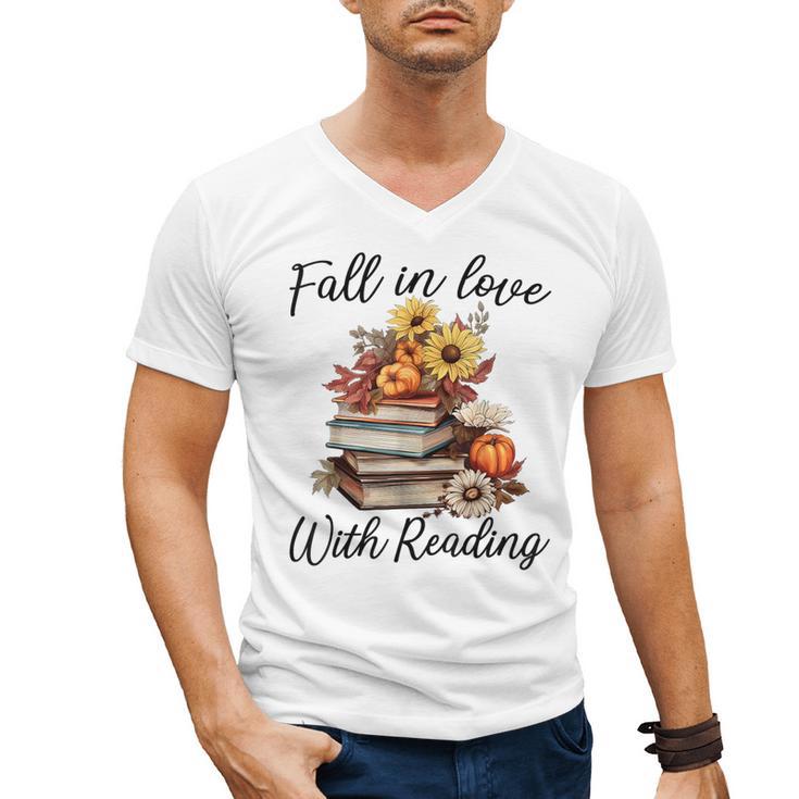 Fall In Love With Reading Book Autumn Teachers Pumpkins Men's V-Neck T-Shirt