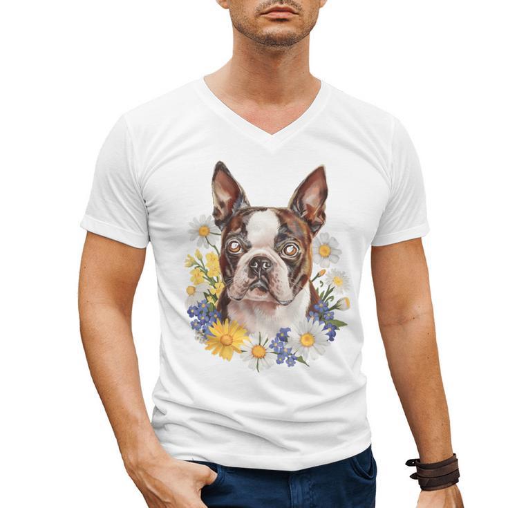 Floral Boston Terrier Men's V-Neck T-Shirt, trending gift