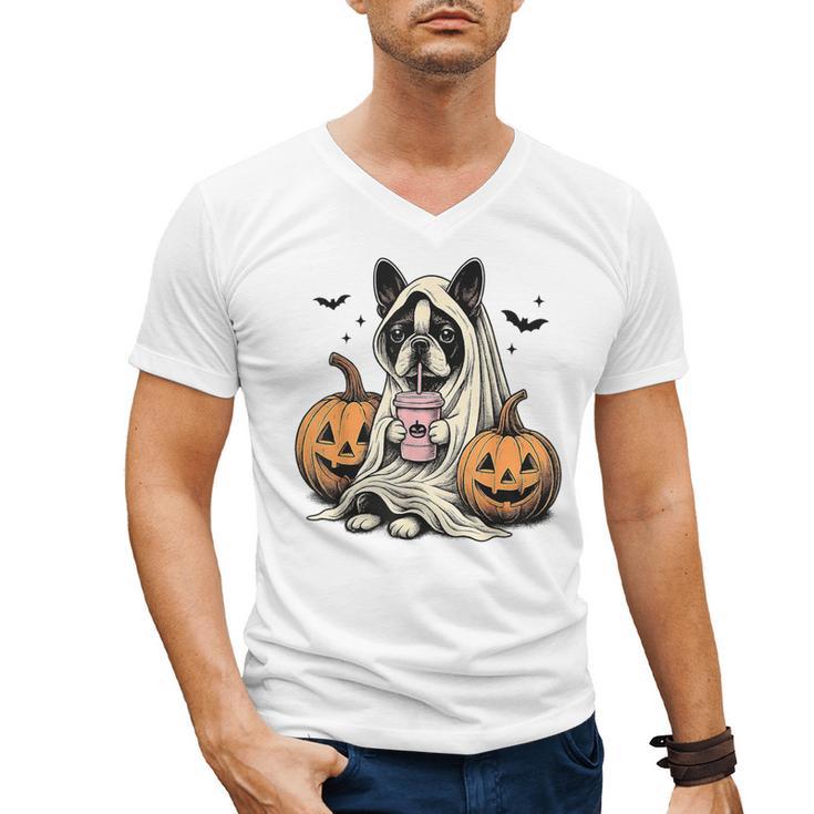 Halloween Boston Terrier Ghost Men's V-Neck T-Shirt