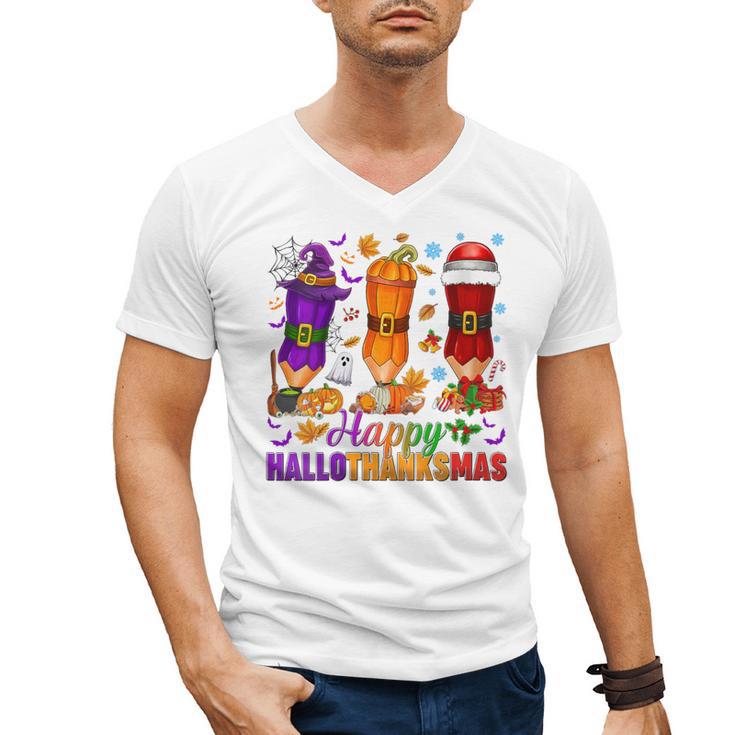Happy Hallothanksmas Halloween Thanksgiving Pencils Teachers Men's V-Neck T-Shirt
