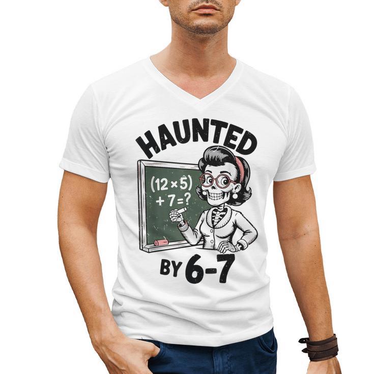 Haunted 67 Skeleton Math Teacher Halloween Costume Math Pun Men's V-Neck T-Shirt
