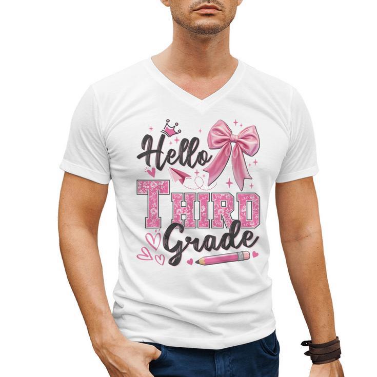 Hello Third Grade First Day Of School Coquette Teacher Girl Men's V-Neck T-Shirt, First Grade Teacher Gifts, trending gift Hello Third Grade First Day Of School Coquette Teacher Girl Men's V-Neck T-Shirt, First Grade Teacher Gifts, trending gift