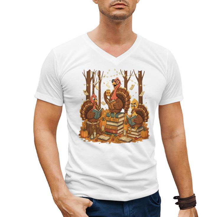 Librarian Turkey Reading Book Fall Thanksgiving Teacher Book Men's V-Neck T-Shirt