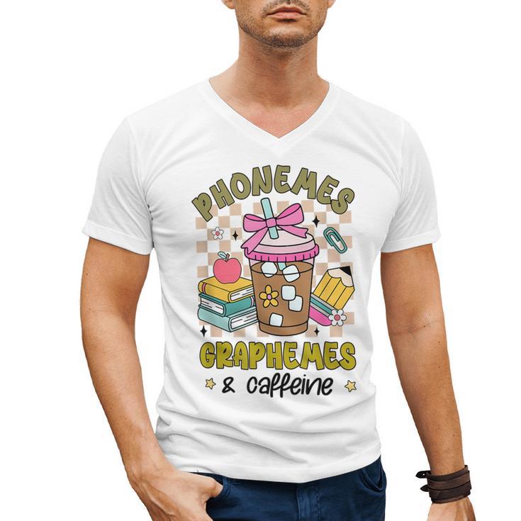 Phonemes Graphemes Caffeine Back To School Reading Teacher Men's V-Neck T-Shirt