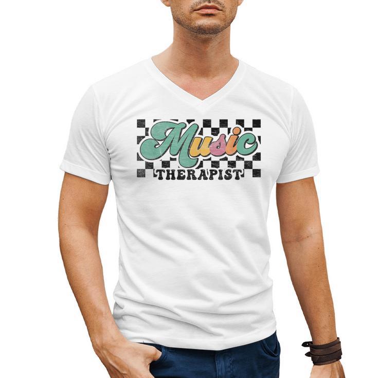 Retro Checkered Music Therapist Squad Music Therapy Teacher For Men Women Men's V-Neck T-Shirt