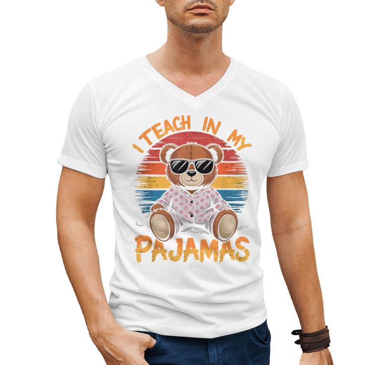I Teach In My Pajamas Teacher Sunset Bear Retro Men's V-Neck T-Shirt