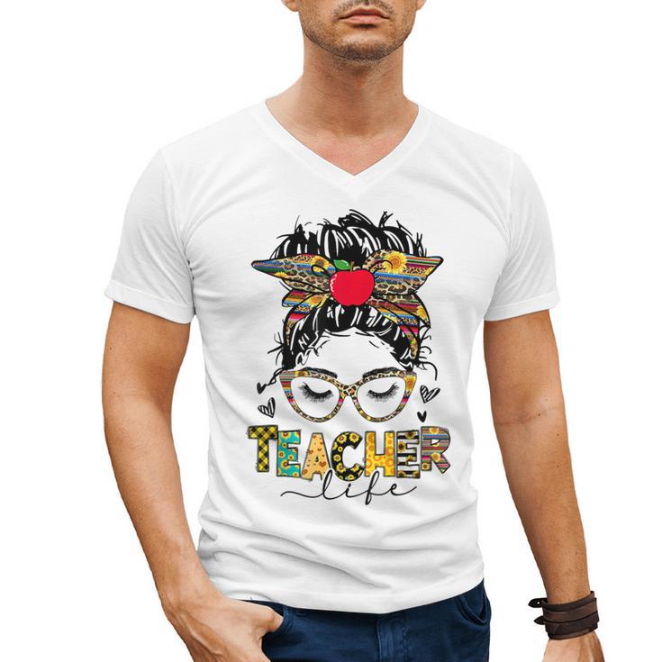 Teacher Life Messy Bun Glasses Leopard Sunflower Men's V-Neck T-Shirt